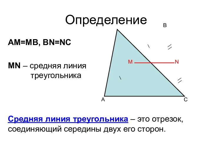 Определение A C B M N AM=MB, BN=NC MN –