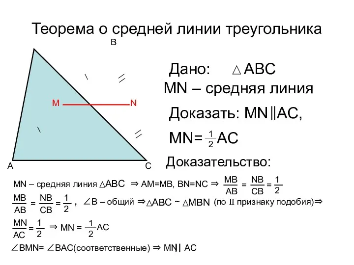 Теорема о средней линии треугольника Дано: MN – средняя линия