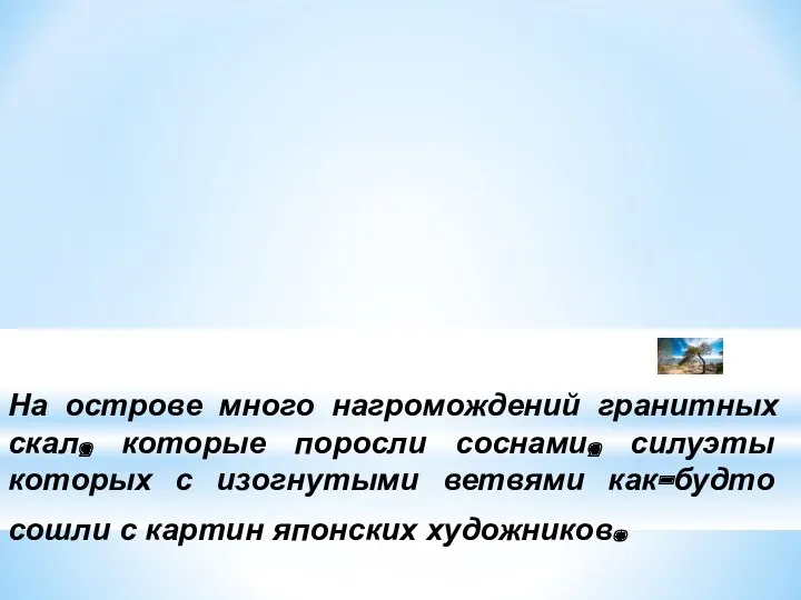 На острове много нагромождений гранитных скал, которые поросли соснами, силуэты которых с изогнутыми