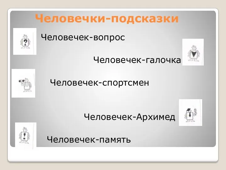 Человечки-подсказки Человечек-вопрос Человечек-галочка Человечек-спортсмен Человечек-Архимед Человечек-память