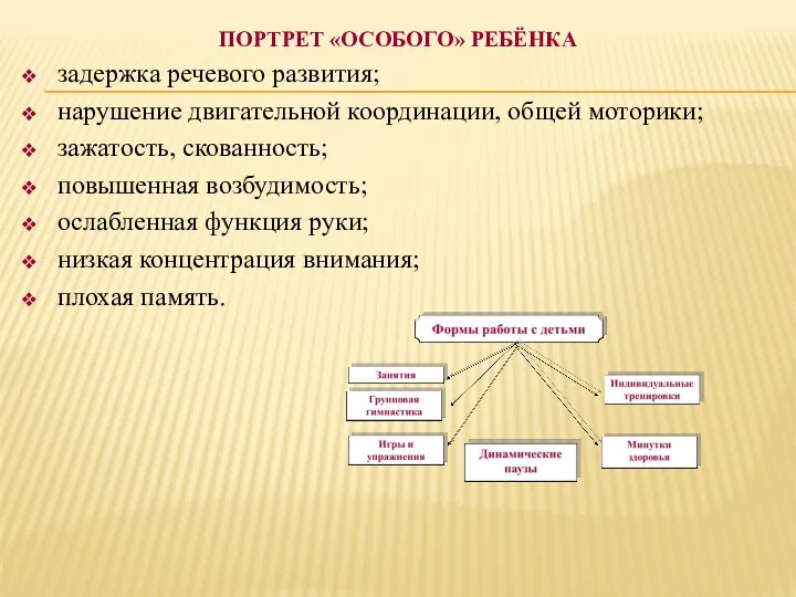 ПОРТРЕТ «ОСОБОГО» РЕБЁНКА задержка речевого развития; нарушение двигательной координации, общей