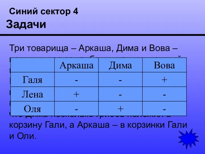 Синий сектор 4 Задачи Три товарища – Аркаша, Дима и