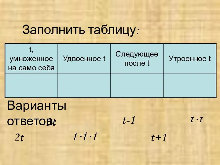 Заполнить таблицу: 2t 3t t+1 t-1 Варианты ответов: