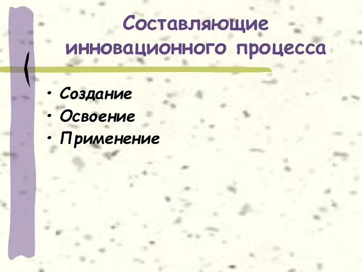 Составляющие инновационного процесса Создание Освоение Применение