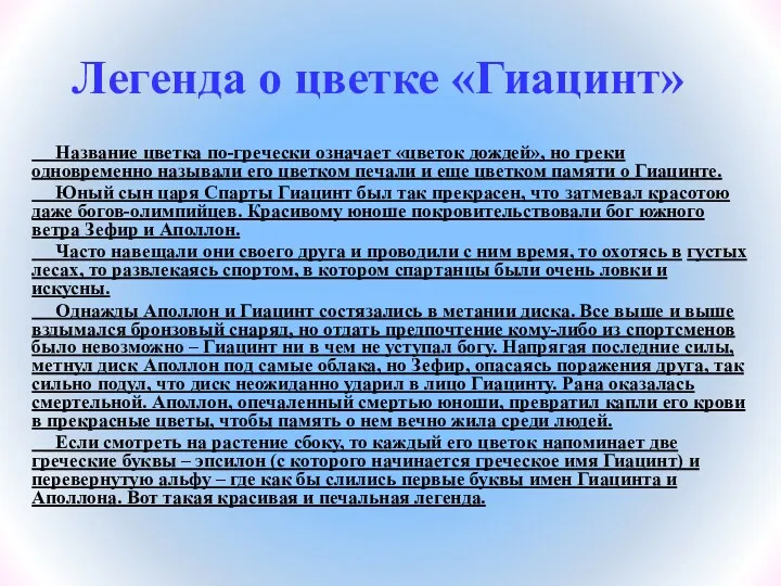 Легенда о цветке «Гиацинт» Название цветка по-гречески означает «цветок дождей», но греки одновременно