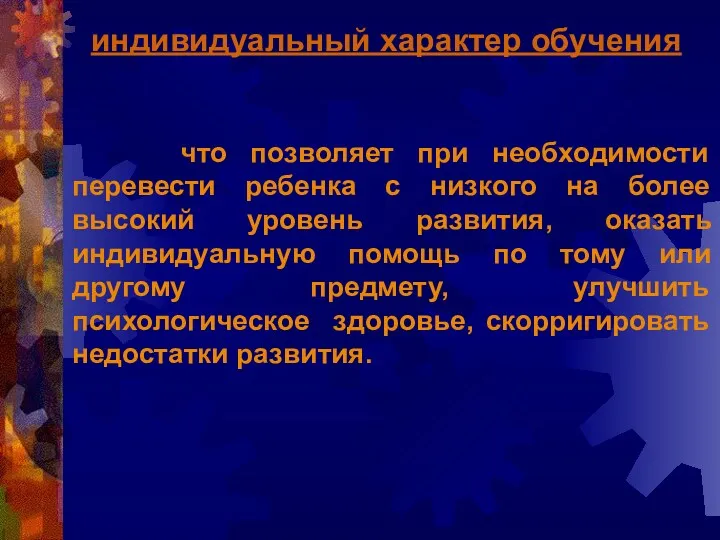 индивидуальный характер обучения что позволяет при необходимости перевести ребенка с