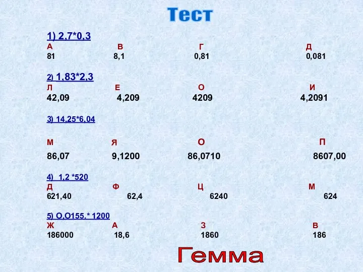 1) 2,7*0,3 А В Г Д 81 8,1 0,81 0,081