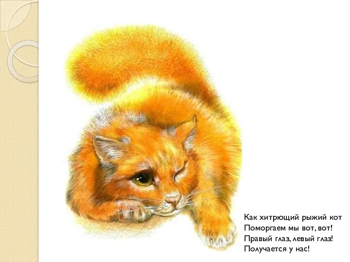 Как хитрющий рыжий кот Поморгаем мы вот, вот! Правый глаз, левый глаз! Получается у нас!