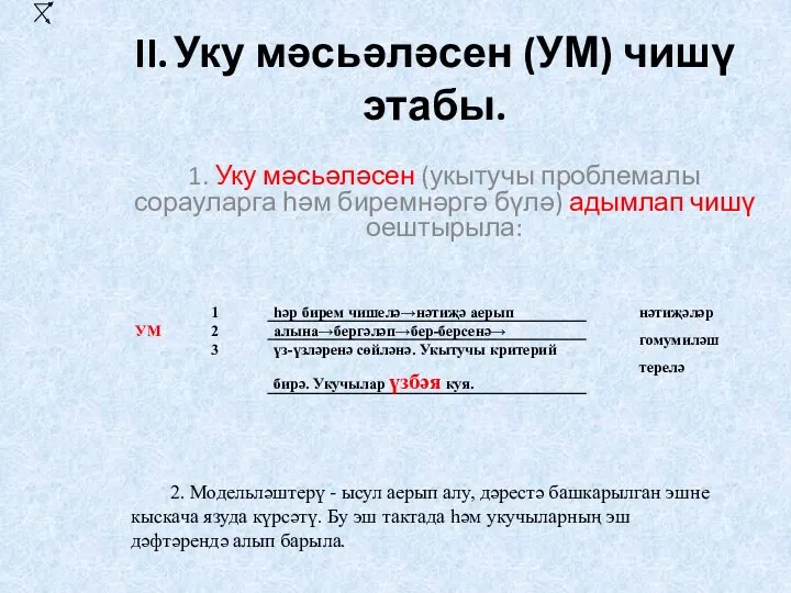 II. Уку мәсьәләсен (УМ) чишү этабы. 1. Уку мәсьәләсен (укытучы проблемалы сорауларга һәм