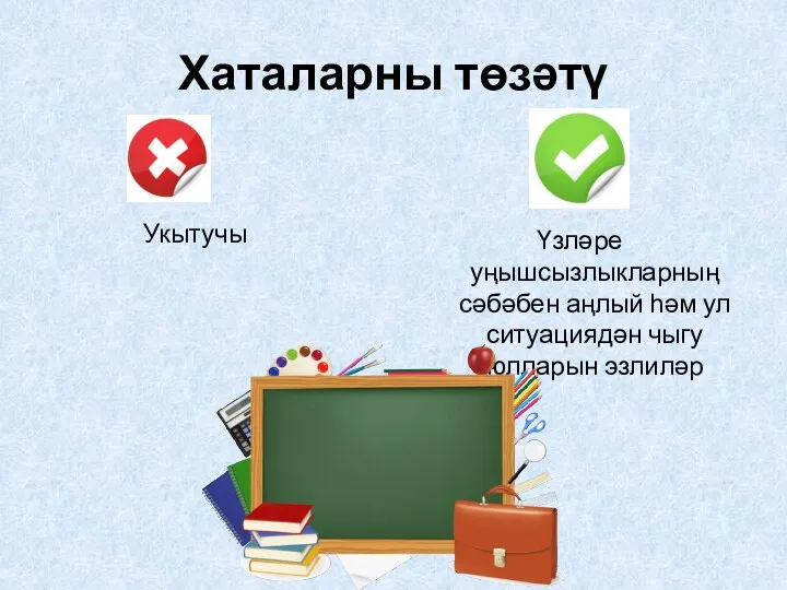 Хаталарны төзәтү Укытучы Үзләре уңышсызлыкларның сәбәбен аңлый һәм ул ситуациядән чыгу юлларын эзлиләр