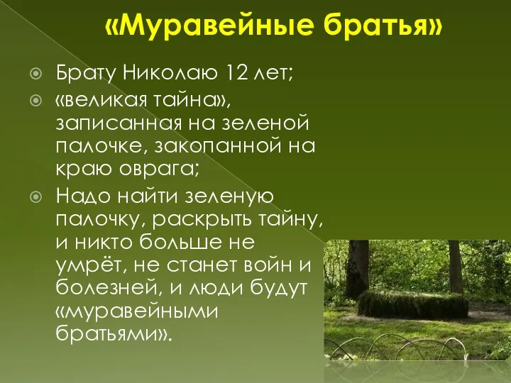 «Муравейные братья» Брату Николаю 12 лет; «великая тайна», записанная на зеленой палочке, закопанной