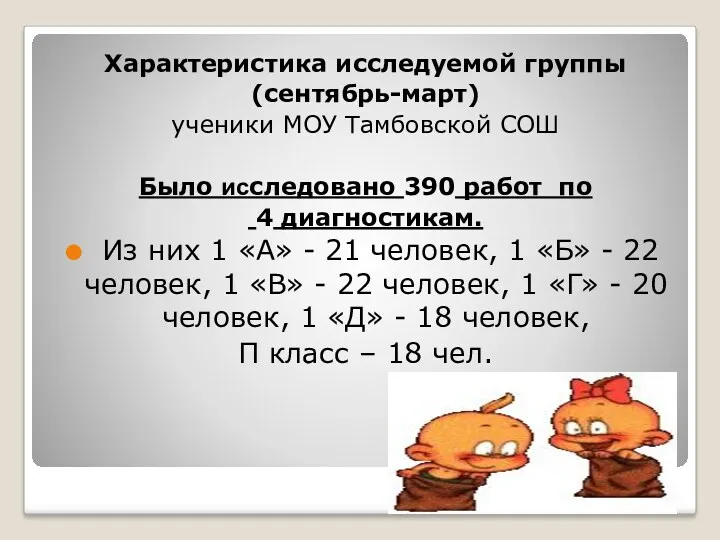 Характеристика исследуемой группы (сентябрь-март) ученики МОУ Тамбовской СОШ Было исследовано