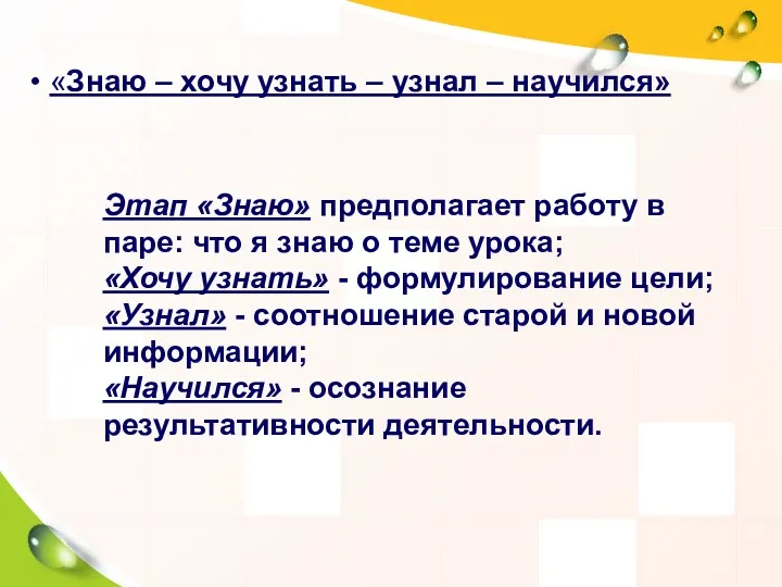 «Знаю – хочу узнать – узнал – научился» Этап «Знаю»