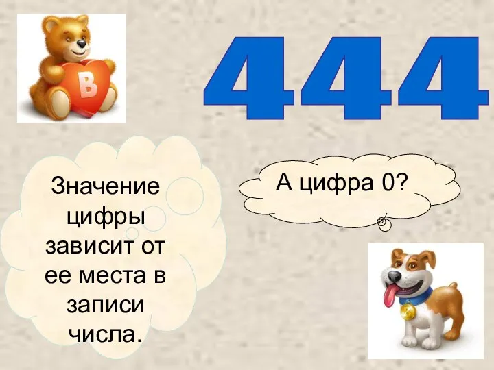 Значение цифры зависит от ее места в записи числа. 4 4 4 А цифра 0?