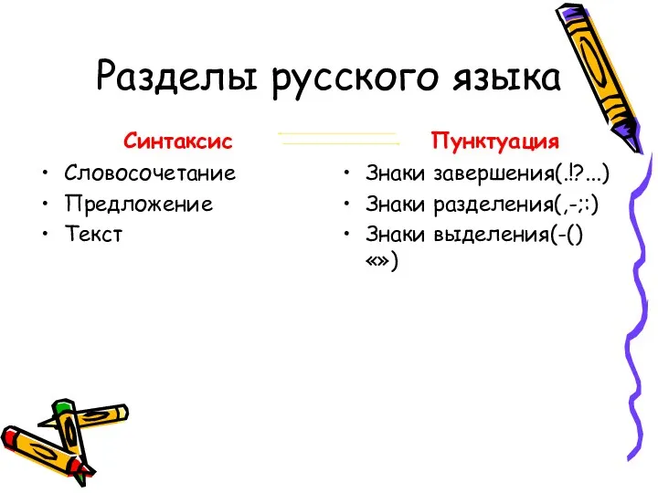 Разделы русского языка Синтаксис Словосочетание Предложение Текст Пунктуация Знаки завершения(.!?...) Знаки разделения(,-;:) Знаки выделения(-() «»)