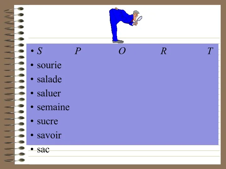 S P O R T sourie salade saluer semaine sucre savoir sac