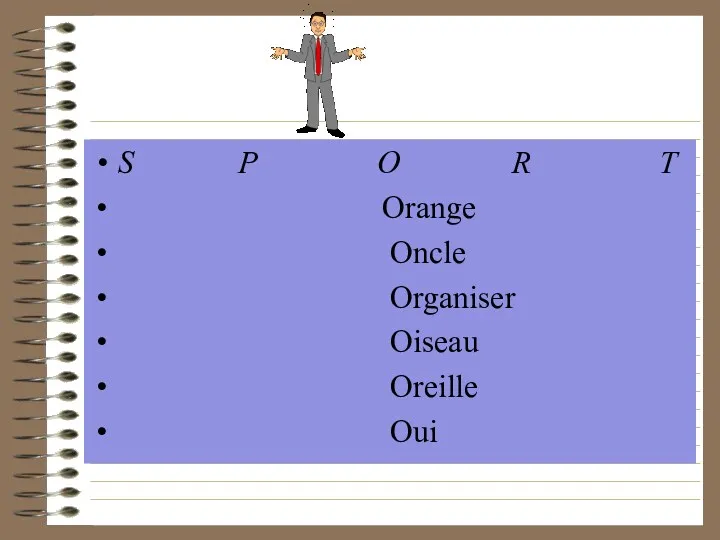 S P O R T Orange Oncle Organiser Oiseau Oreille Oui