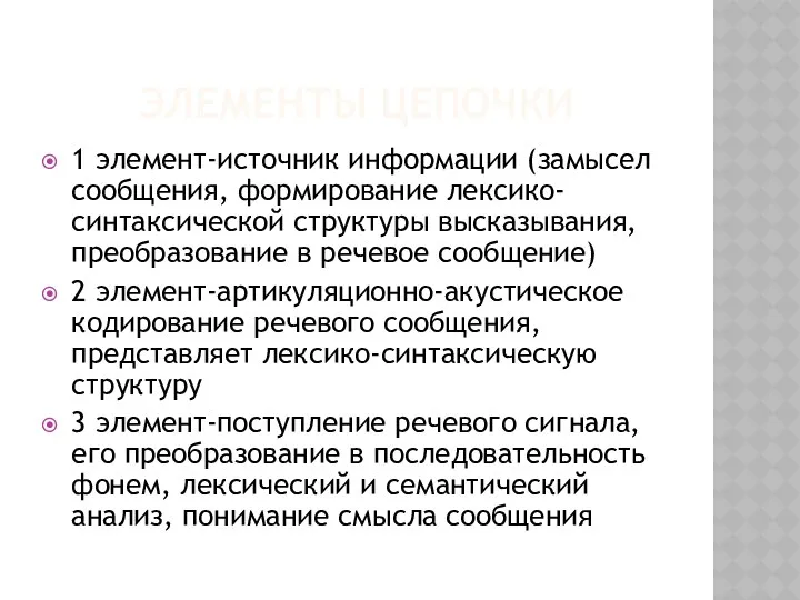 Элементы цепочки 1 элемент-источник информации (замысел сообщения, формирование лексико-синтаксической структуры