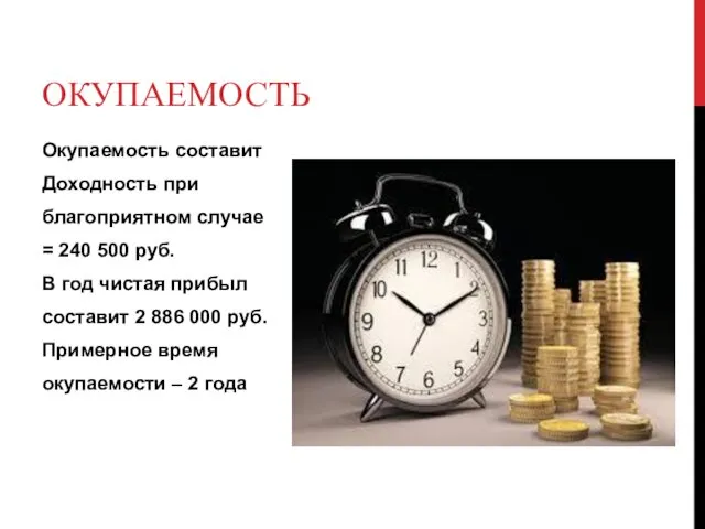 ОКУПАЕМОСТЬ Окупаемость составит Доходность при благоприятном случае = 240 500