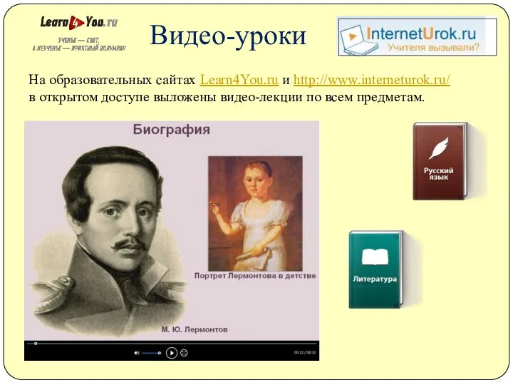 Видео-уроки На образовательных сайтах Learn4You.ru и http://www.interneturok.ru/ в открытом доступе