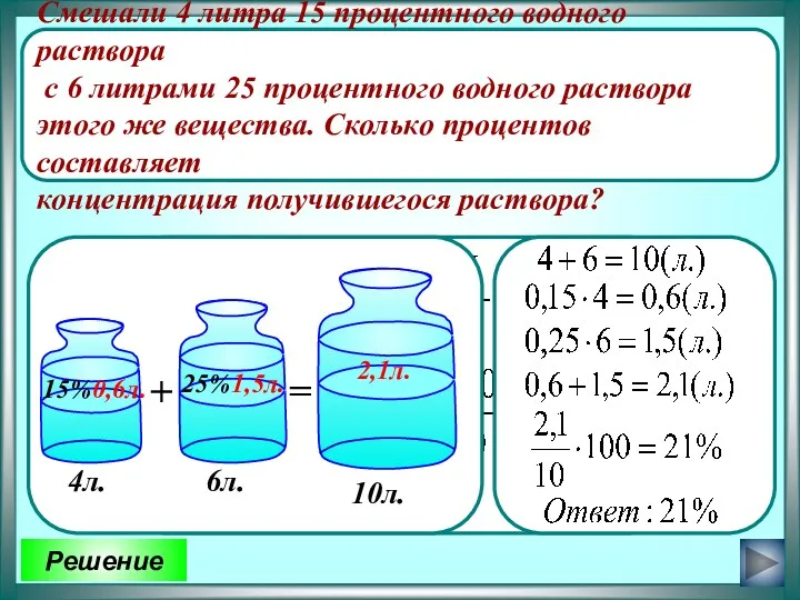 Смешали 4 литра 15 процентного водного раствора с 6 литрами