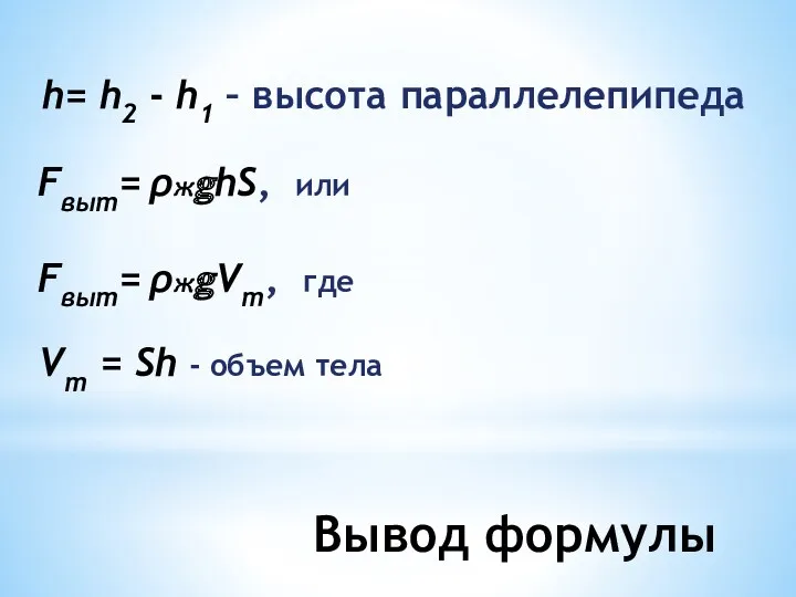 Вывод формулы h= h2 - h1 – высота параллелепипеда Fвыт=