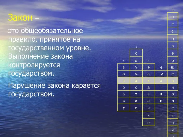 Закон – это общеобязательное правило, принятое на государственном уровне. Выполнение