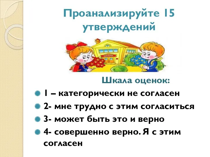 Проанализируйте 15 утверждений Шкала оценок: 1 – категорически не согласен