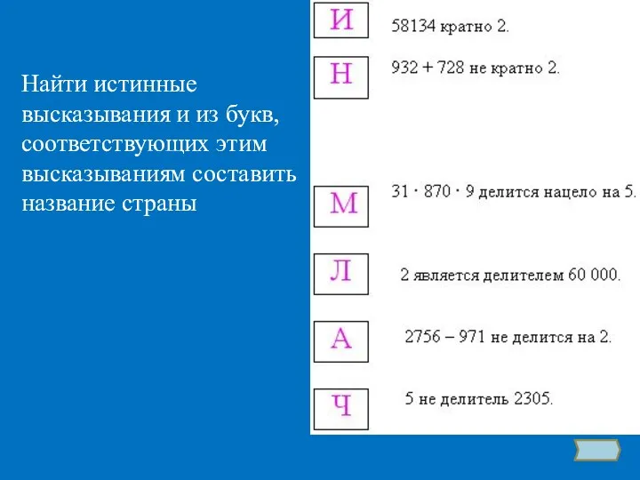 Найти истинные высказывания и из букв, соответствующих этим высказываниям составить название страны