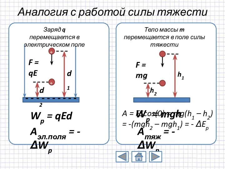 Аналогия с работой силы тяжести Wp = qEd Aэл.поля = -ΔWp Aтяж =