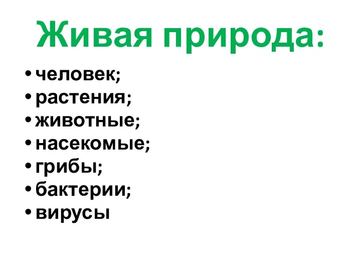 Живая природа: человек; растения; животные; насекомые; грибы; бактерии; вирусы