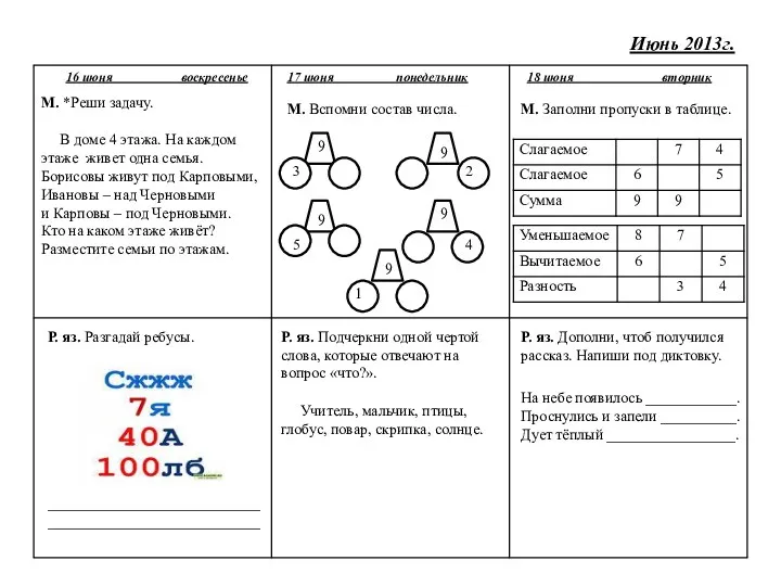 Июнь 2013г. 16 июня воскресенье 17 июня понедельник 18 июня