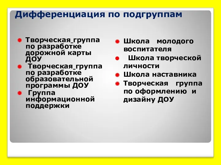 Дифференциация по подгруппам Творческая группа по разработке дорожной карты ДОУ