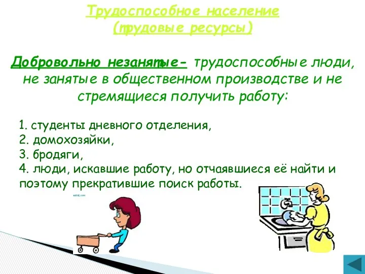 Трудоспособное население (трудовые ресурсы) Добровольно незанятые- трудоспособные люди, не занятые