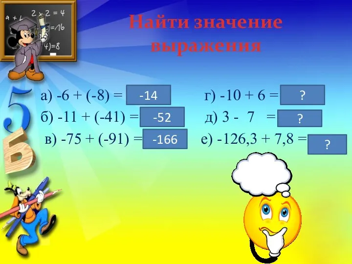 Найти значение выражения а) -6 + (-8) = … г) -10 + 6