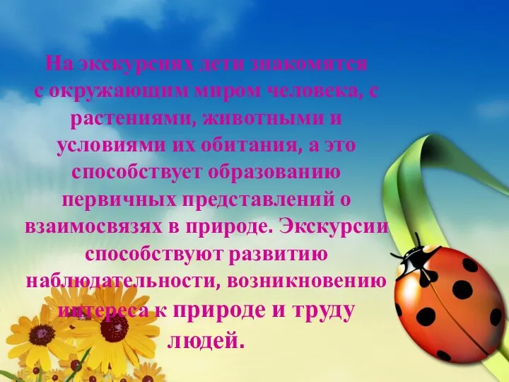 На экскурсиях дети знакомятся с окружающим миром человека, с растениями,