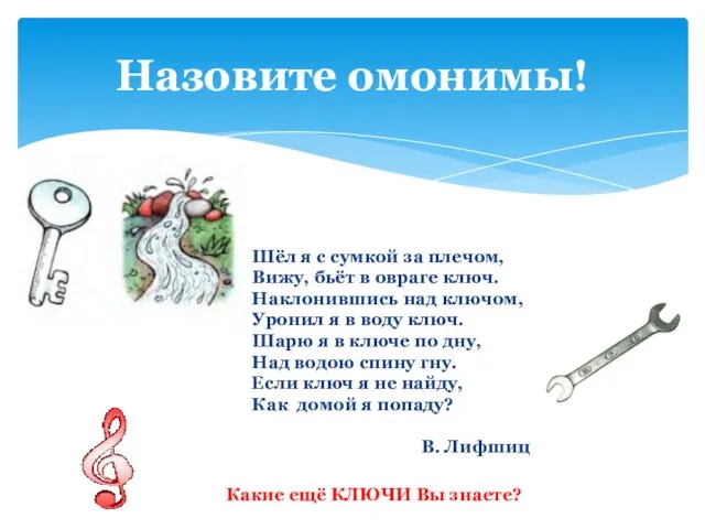 Назовите омонимы! Шёл я с сумкой за плечом, Вижу, бьёт