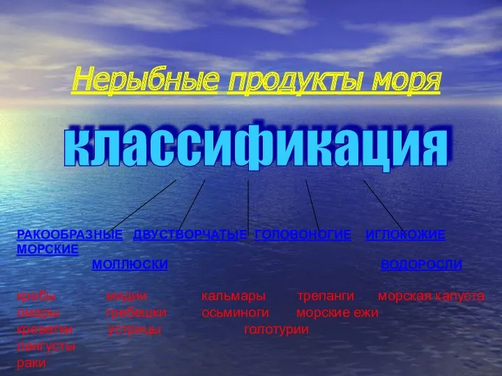 Нерыбные продукты моря классификация РАКООБРАЗНЫЕ ДВУСТВОРЧАТЫЕ ГОЛОВОНОГИЕ ИГЛОКОЖИЕ МОРСКИЕ МОЛЛЮСКИ ВОДОРОСЛИ крабы мидии