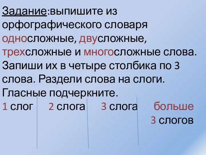 Задание:выпишите из орфографического словаря односложные, двусложные, трехсложные и многосложные слова.