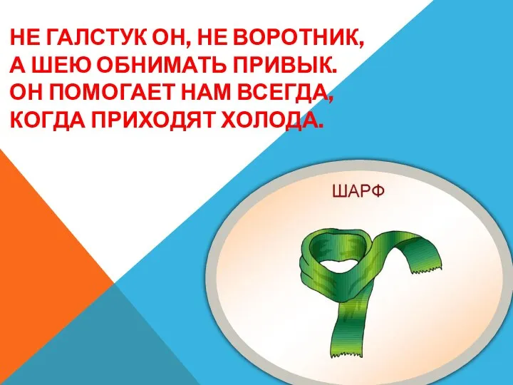 Не галстук он, не воротник, А шею обнимать привык. Он помогает нам всегда, Когда приходят холода.