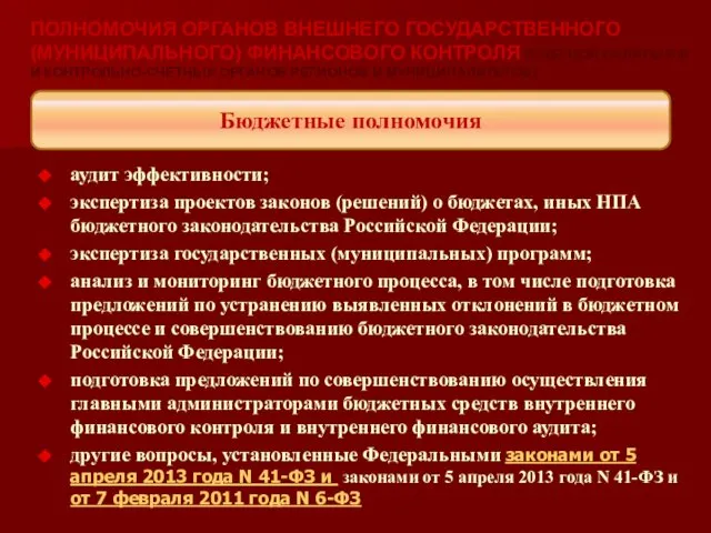 аудит эффективности; экспертиза проектов законов (решений) о бюджетах, иных НПА