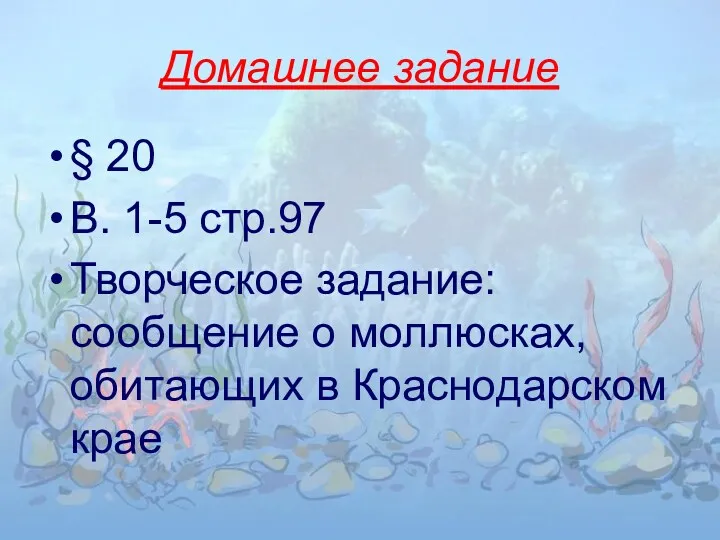 Домашнее задание § 20 В. 1-5 стр.97 Творческое задание: сообщение о моллюсках, обитающих в Краснодарском крае