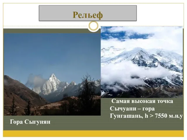 Рельеф Гора Сыгунян Самая высокая точка Сычуани – гора Гунгашань, h > 7550 м.н.у