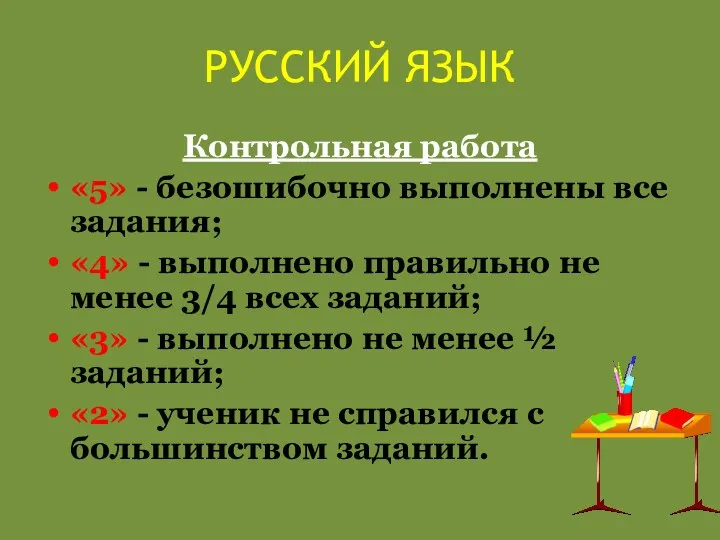 РУССКИЙ ЯЗЫК Контрольная работа «5» - безошибочно выполнены все задания;