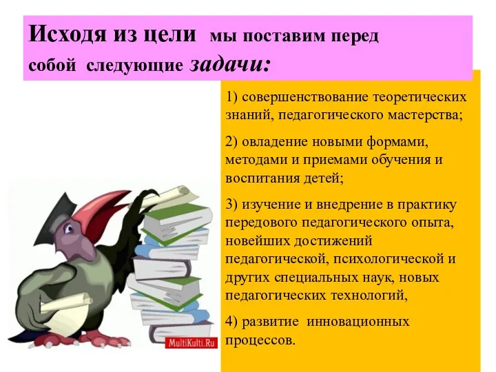 1) совершенствование теоретических знаний, педагогического мастерства; 2) овладение новыми формами, методами и приемами