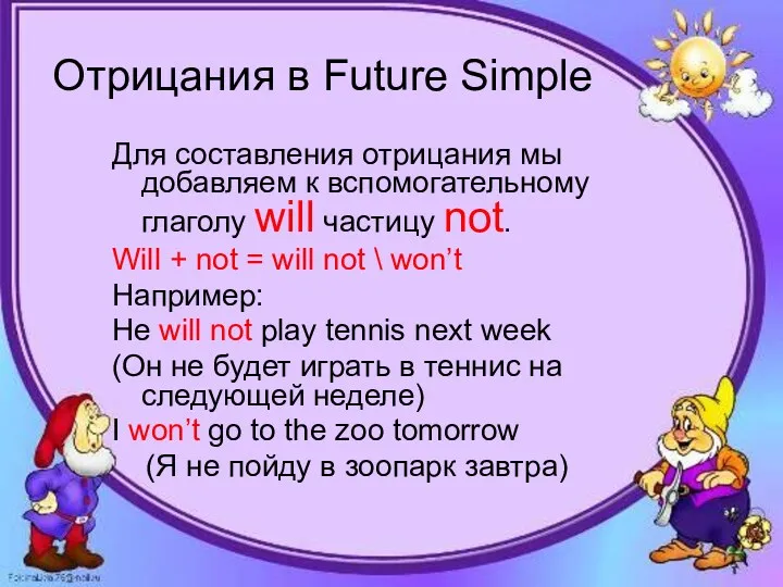 Отрицания в Future Simple Для составления отрицания мы добавляем к вспомогательному глаголу will