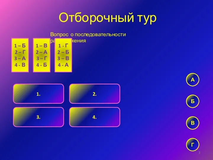 Отборочный тур Вопрос о последовательности расположения 1. 2. 3. 4.