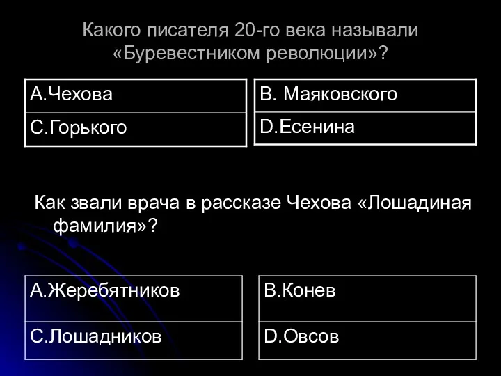 Какого писателя 20-го века называли «Буревестником революции»? Как звали врача в рассказе Чехова «Лошадиная фамилия»?