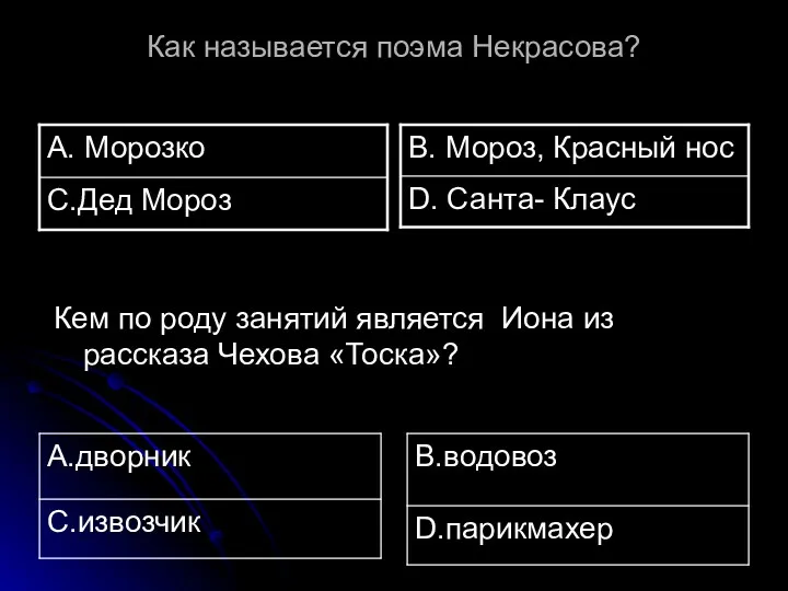 Как называется поэма Некрасова? Кем по роду занятий является Иона из рассказа Чехова «Тоска»?