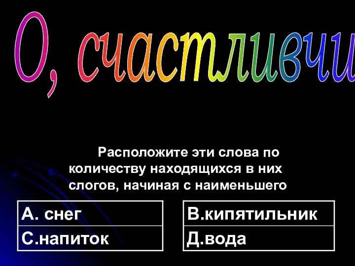 Расположите эти слова по количеству находящихся в них слогов, начиная с наименьшего О, счастливчик!